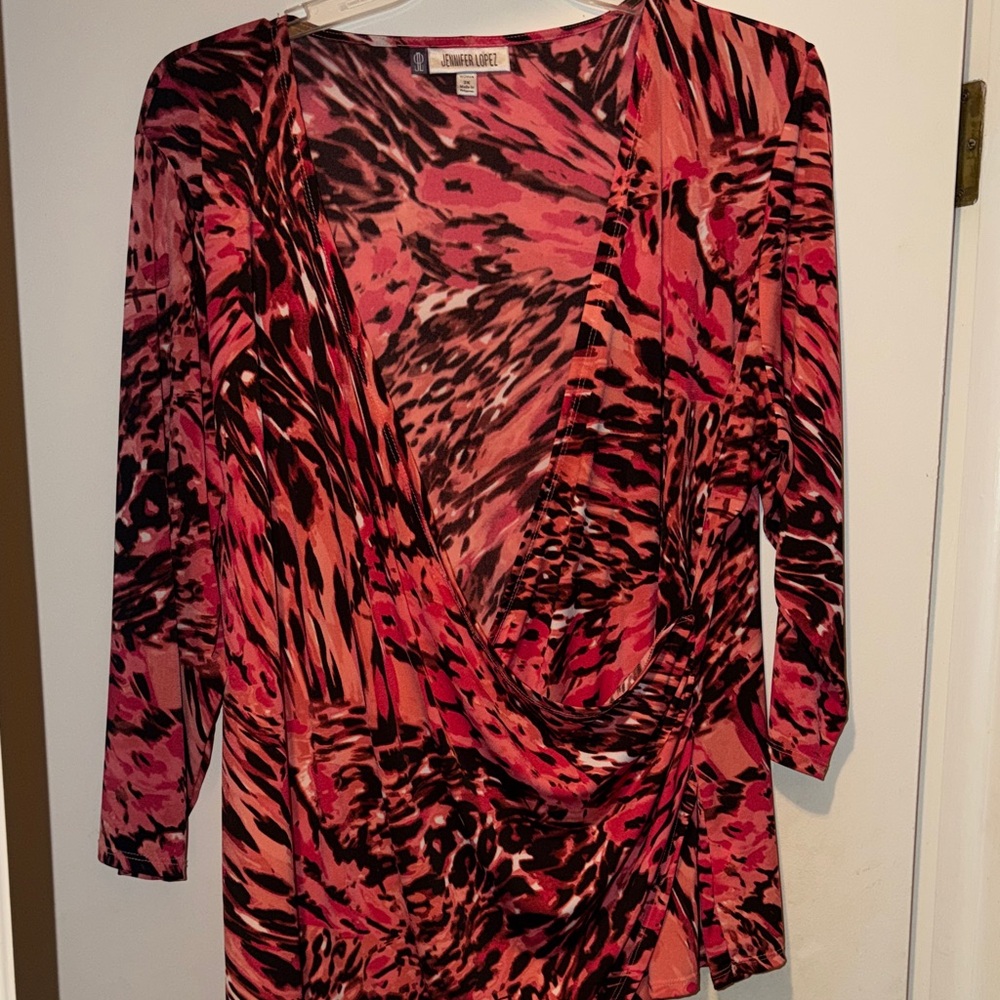 Jennifer Lopez Red and Brown Animal Patterned Wrap Top